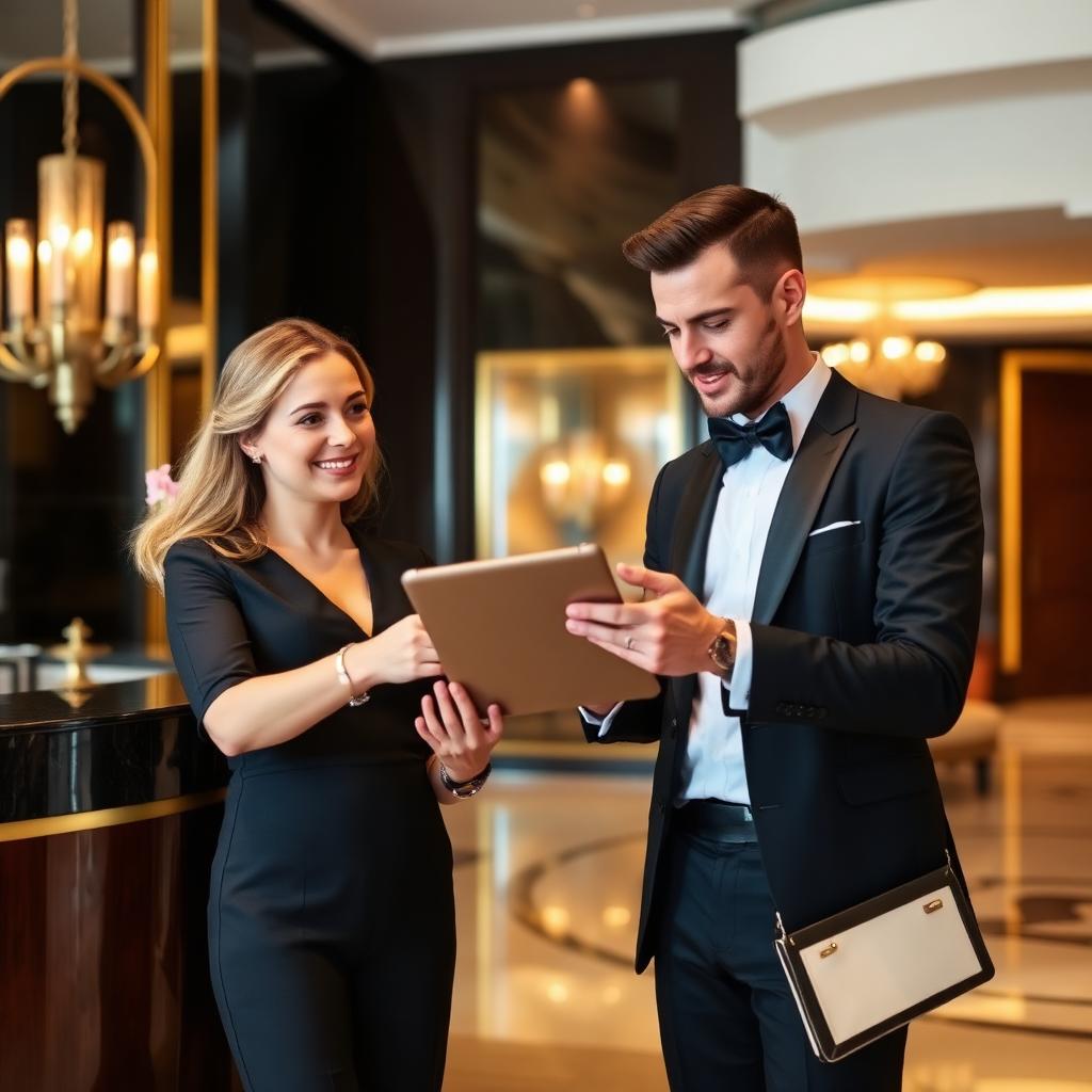 Hotel manager and concierge reviewing candidate profiles on a tablet