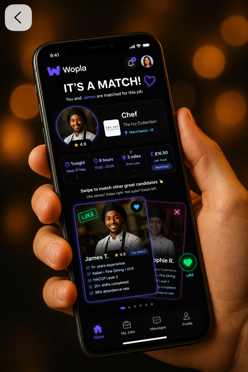 Wopla staffing app shown on a smartphone in a cafe